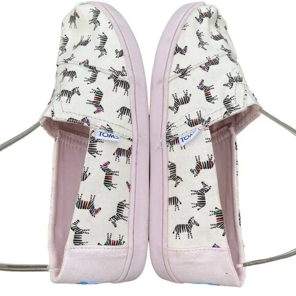 TOMS Zebra Print Slip-On Shoes Size 6 White Black Canvas Summer Travel - Picture 2 of 11